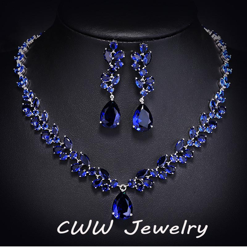 Diamond Earrings And Necklace Sets
 Luxury CZ Diamond Women Wedding Jewelry Royal Blue