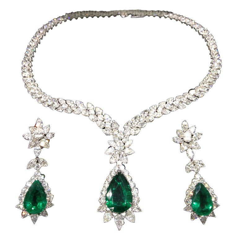 Diamond Earrings And Necklace Sets
 Pear Shape Emerald and Diamond Necklace and Earring Set at