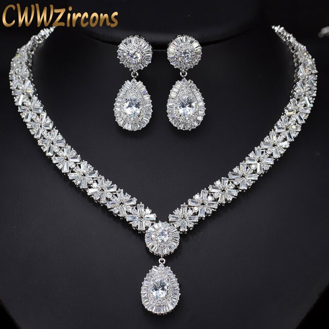 Diamond Earrings And Necklace Sets
 CWWZircons White Gold Color Luxury Bridal CZ Crystal
