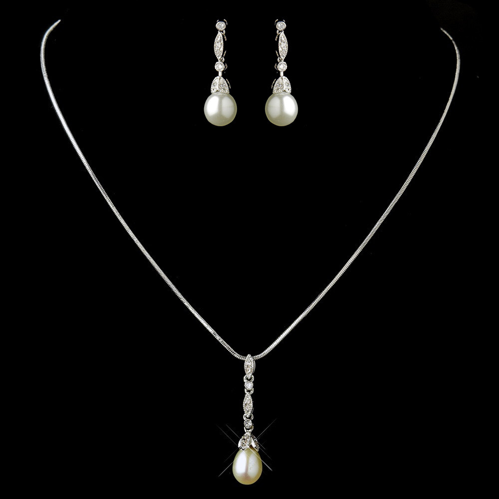 Diamond Earrings And Necklace Sets
 Antique Silver Diamond White Pearl & Drop Pear Clear CZ