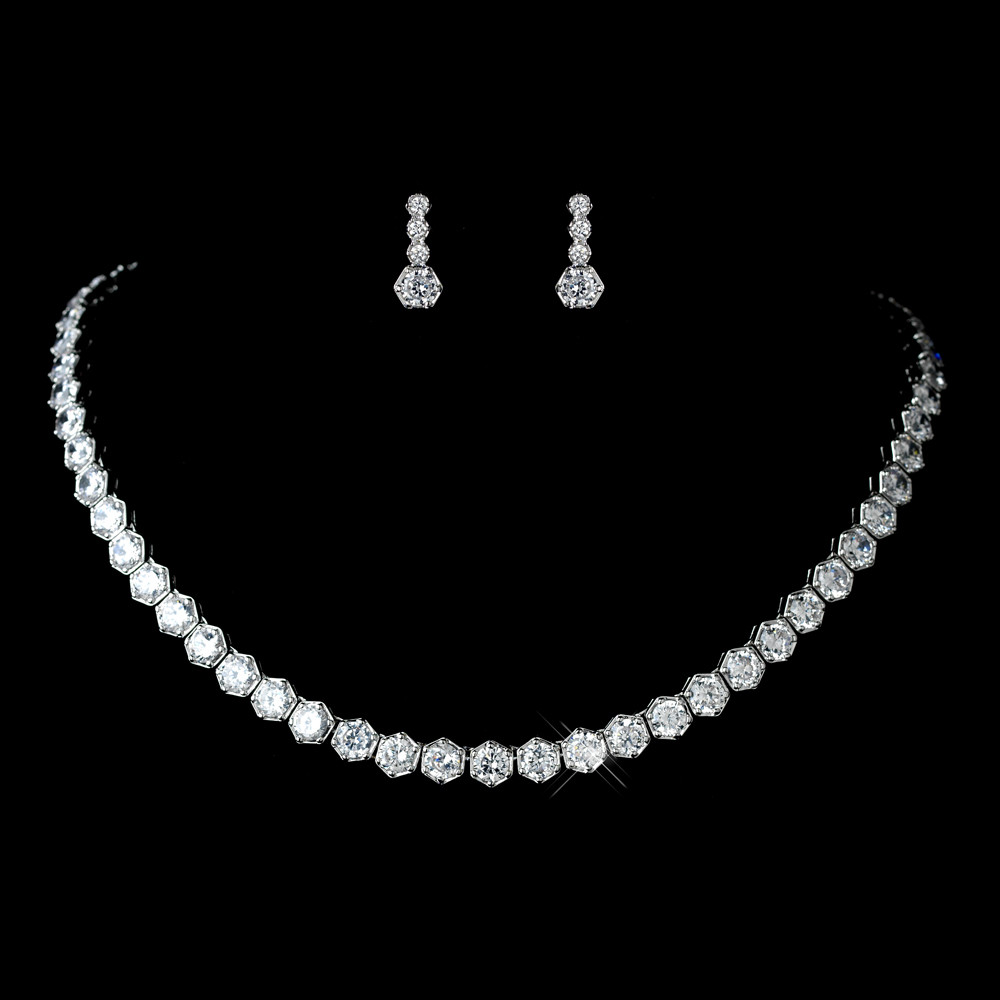 Diamond Earrings And Necklace Sets
 Antique Rhodium Silver Clear CZ Crystal Solitaire Necklace