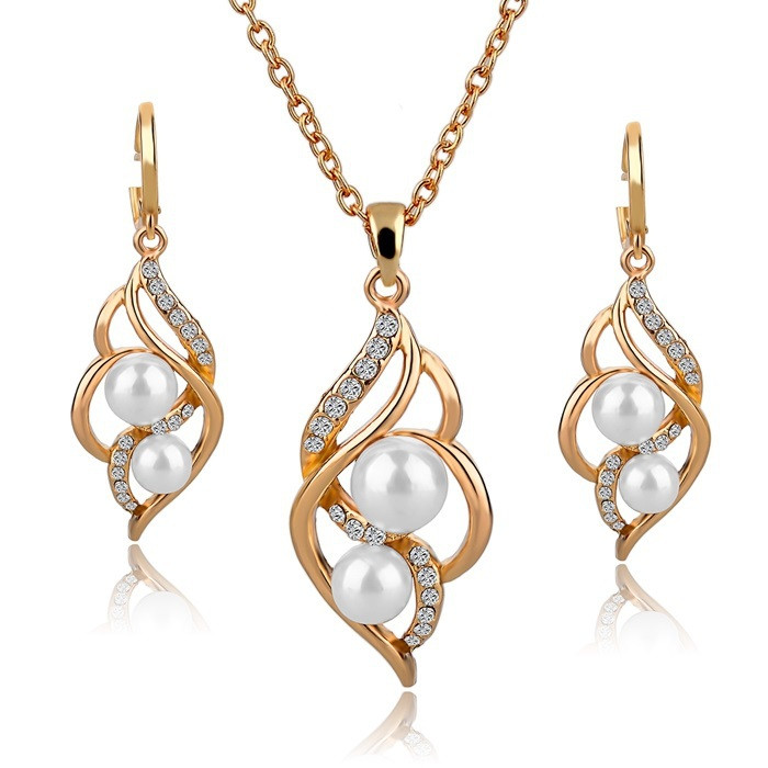 Diamond Earrings And Necklace Sets
 ATTRACTT Fashion Double Simulated Pearl Jewelry Gold