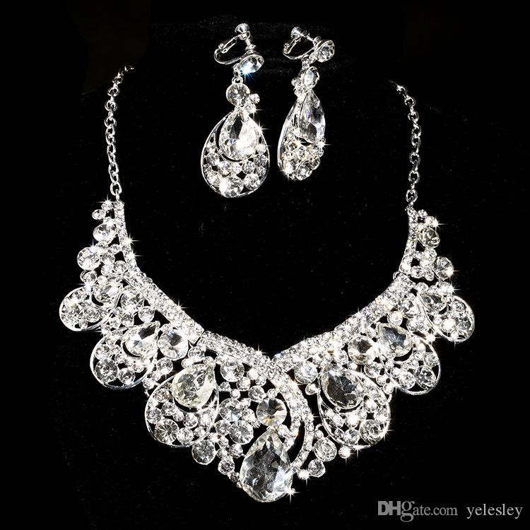 Diamond Earrings And Necklace Sets
 Brand Design Crystal Bridal Jewelry Set 925 Silver Plated