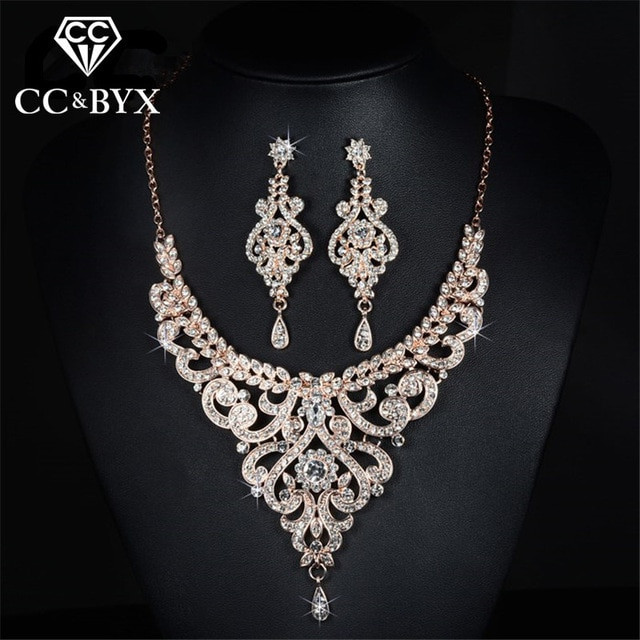 Diamond Earrings And Necklace Sets
 Rose gold color bridal jewelry sets cz austrian crystal