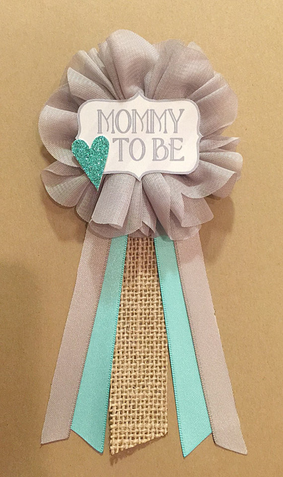 DIY Baby Shower Pins
 Gray Teal burlap Baby Shower Pin Mommy to be pin Flower Ribbon