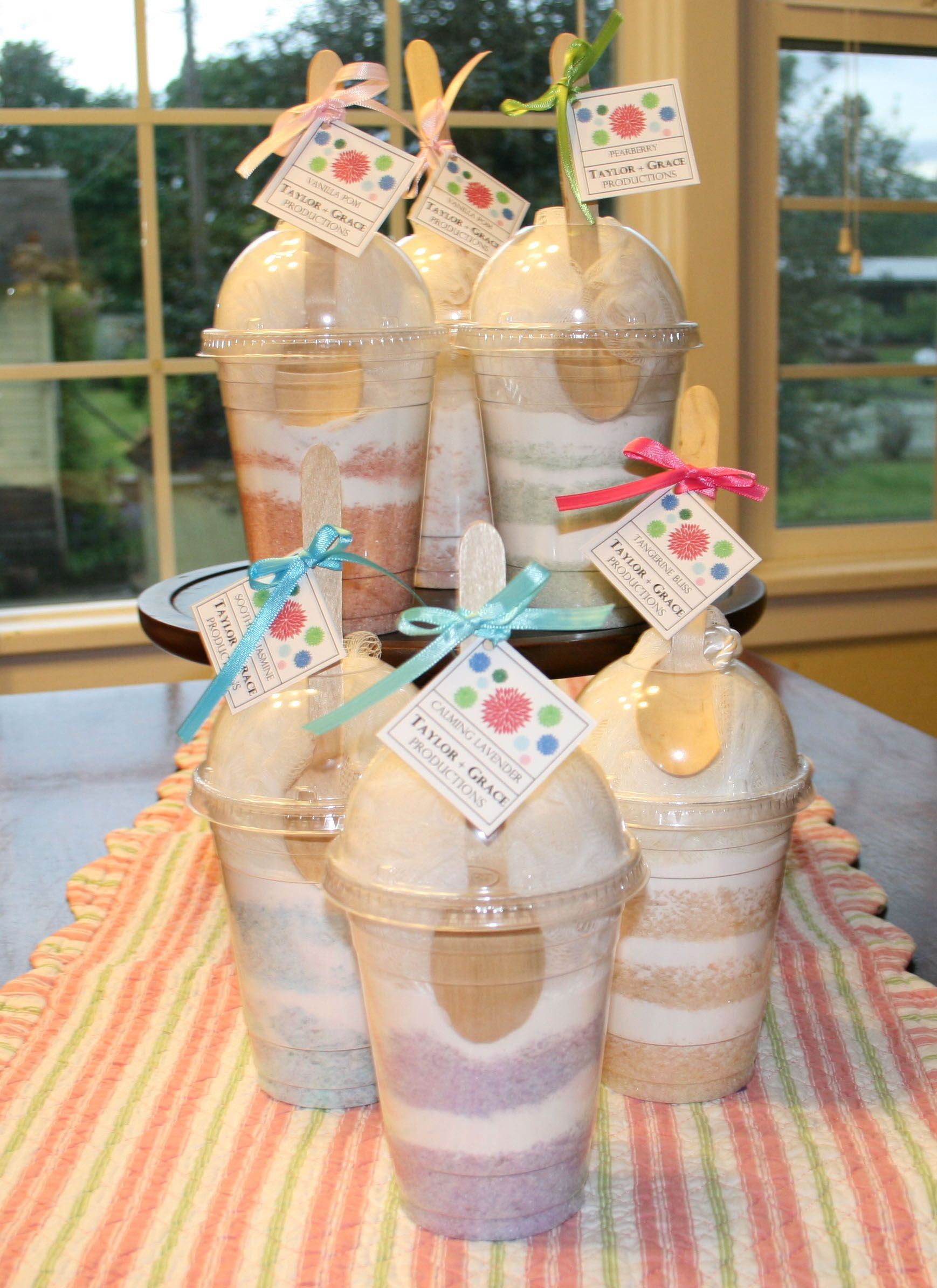 DIY Bath Gift Basket
 Bath salt sundaes topped with a pouf wooden spoon for