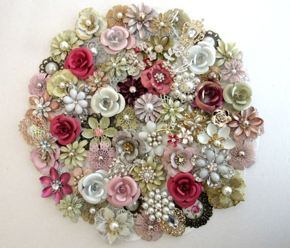 DIY Brooch Bouquet Kit
 DIY Brooch Bouquet Kit ANTIQUE PINK 65 pc Jewels Enamel Blush