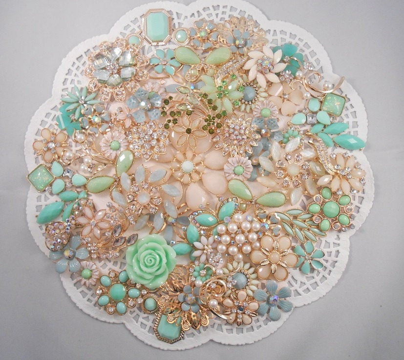 DIY Brooch Bouquet Kit
 DIY Brooch Bouquet Kit IVORY MINT 65 pc Jewels Enamel Wedding