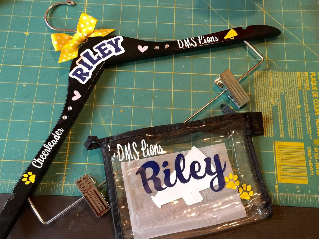 DIY Cheer Gifts
 Personalized Cheerleader uniform hanger and make up bag