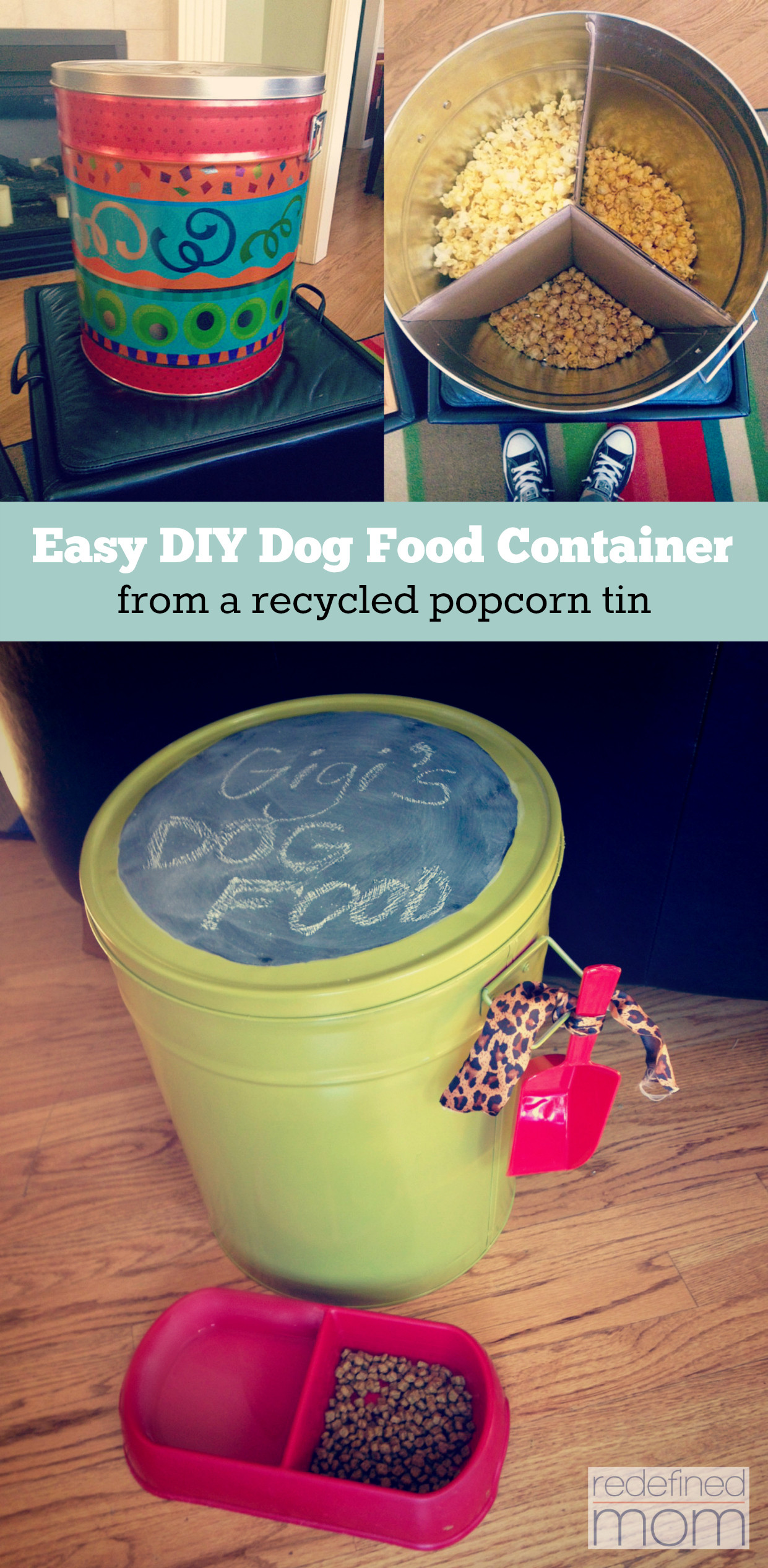 DIY Dog Food Container
 DIY Dog Food Container from a Recycled Popcorn Tin