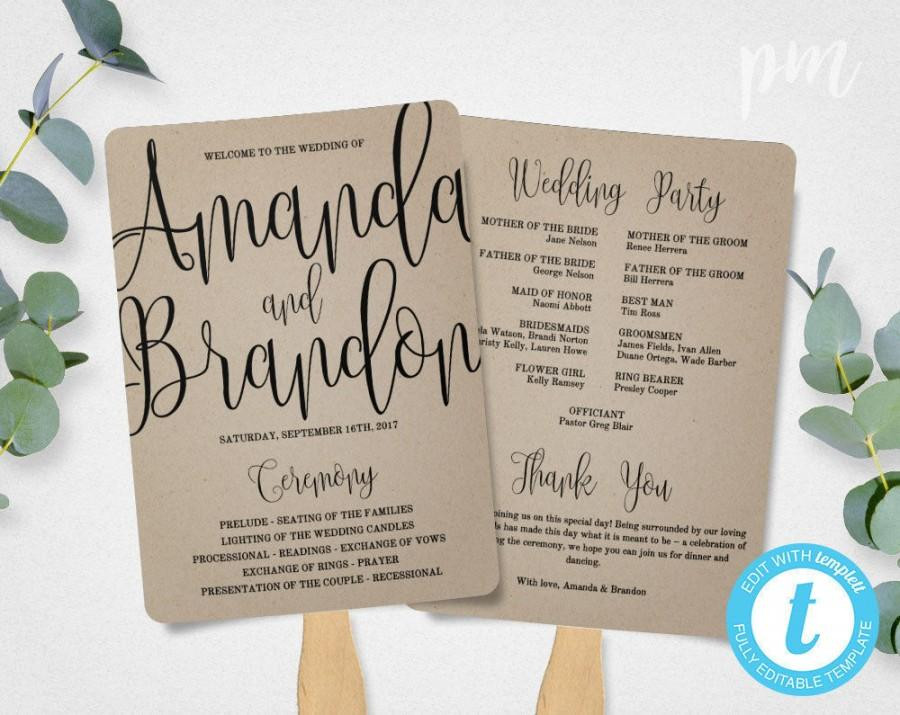 DIY Fan Wedding Programs
 Wedding Program Fan Template Calligraphy Script Printable