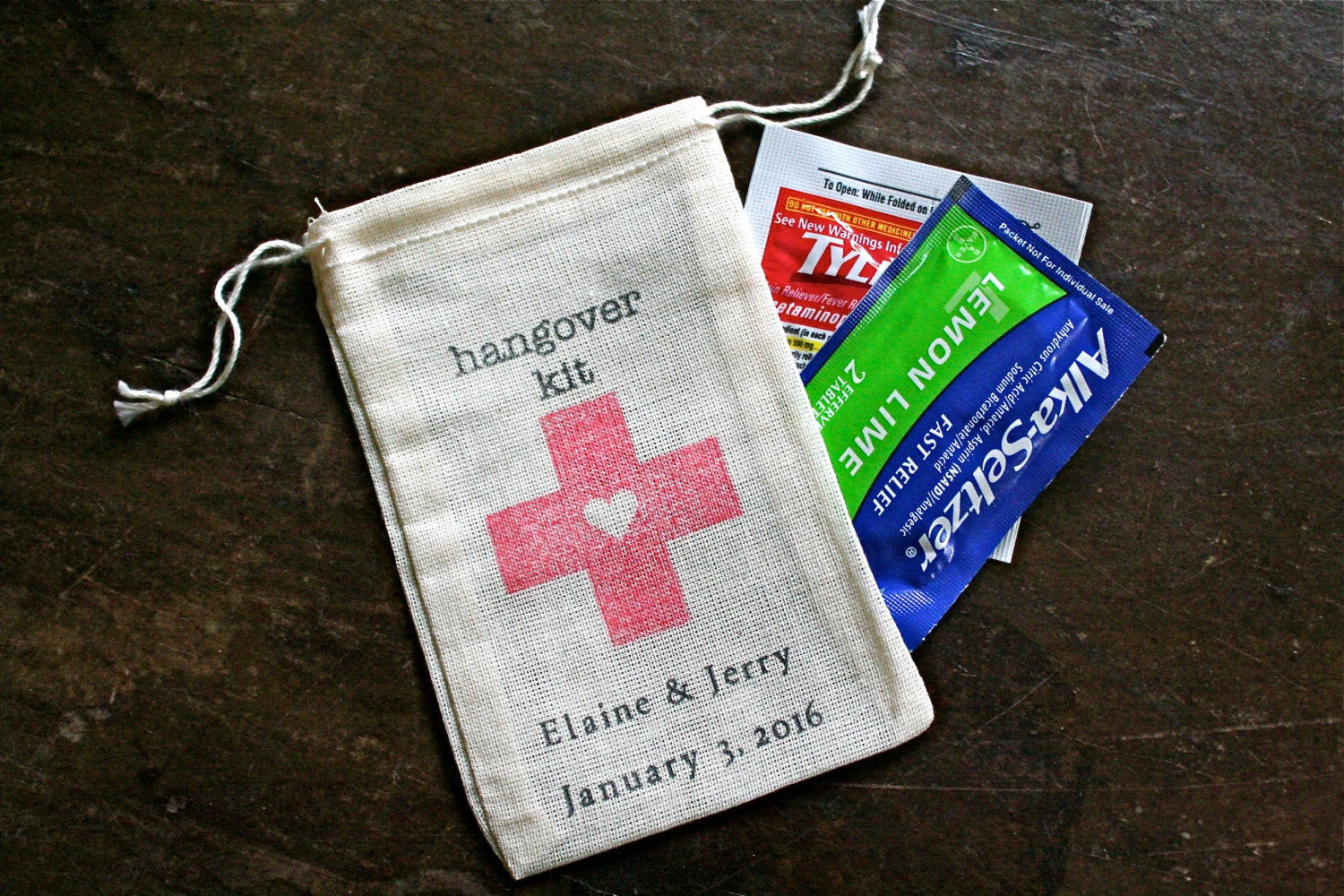 DIY Hangover Kit
 Personalized DIY Hangover Kit Wedding favor bags muslin