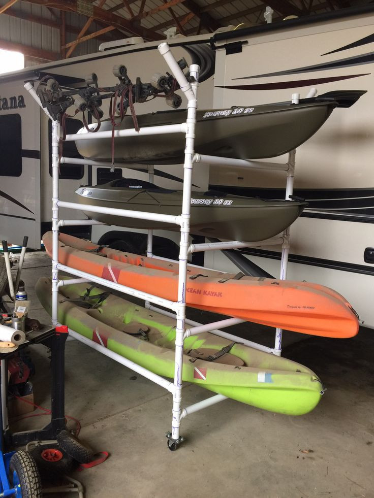 DIY Kayak Rack Garage
 Homemade PVC kayak rack can store 4 kayaks paddles