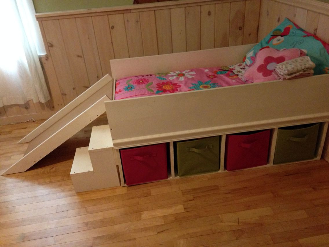 Diy Kids Bed With Storage
 DIY toddler bed with small slide and toy storage