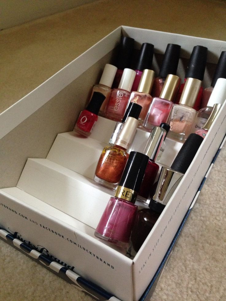 DIY Makeup Organizer Shoebox
 Shoe box nail polish storage solution Polish color is
