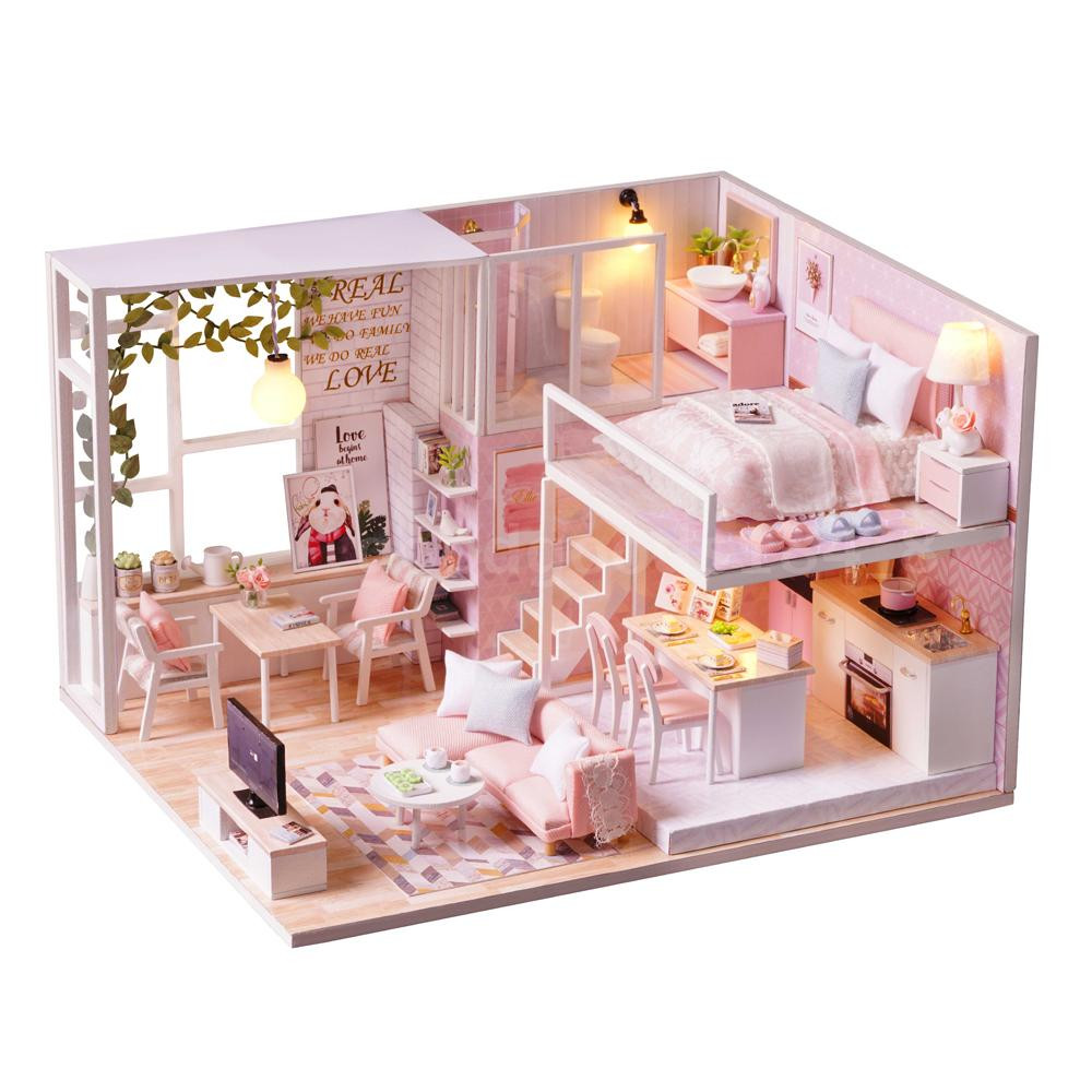 DIY Miniature Dollhouse Kit
 DIY Miniature Loft Dollhouse Kit Realistic Mini 3D Pink