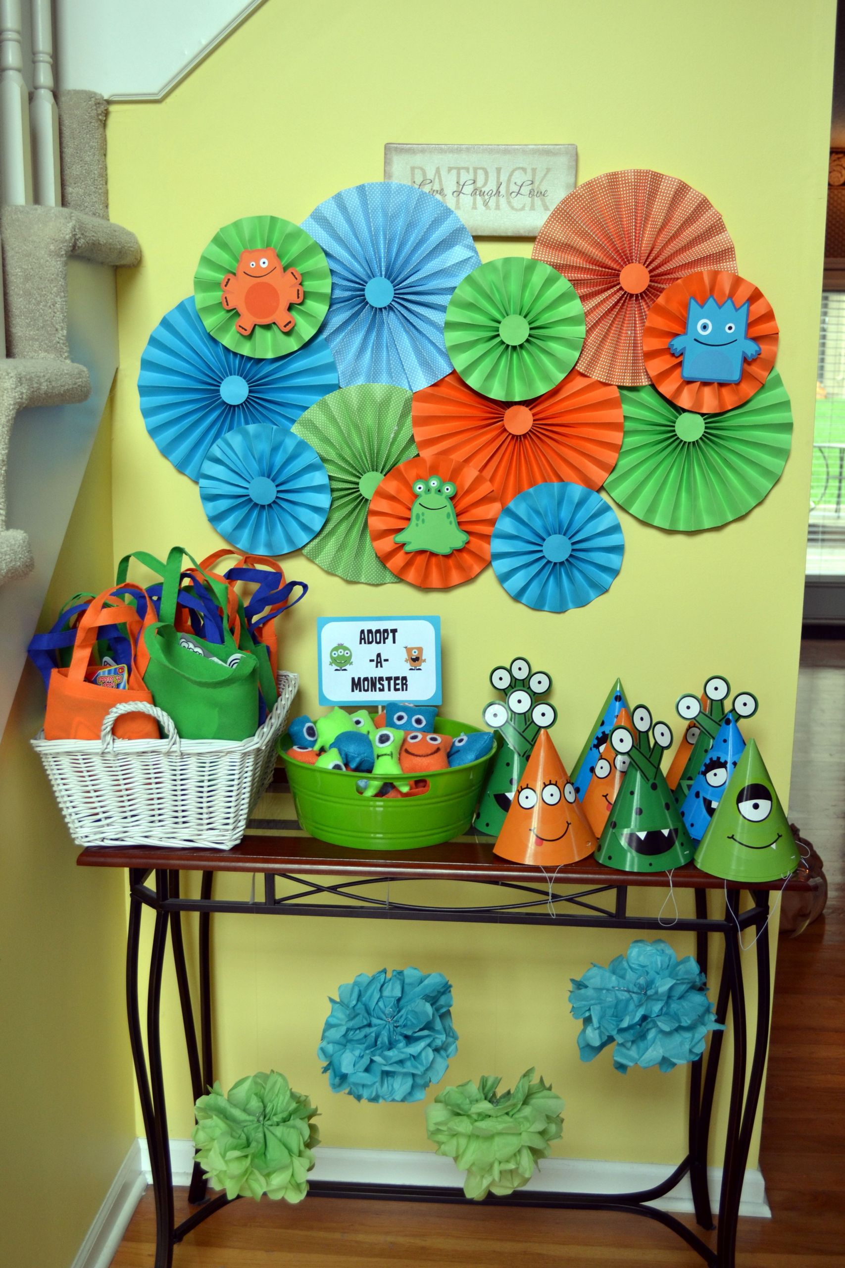 DIY Monster Party Decorations
 DIY Paper Medallions decorate the nook where the favor