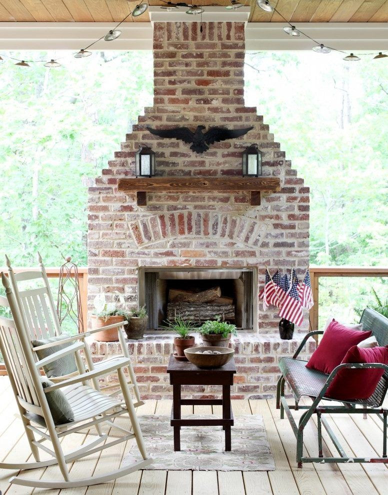 DIY Outdoor Brick Fireplace
 Outdoor brick fireplace deck traditional with har board