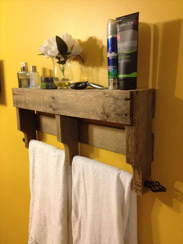 DIY Pallet Towel Rack
 Rustic Pallet Bathroom Shelf and Towel Rack