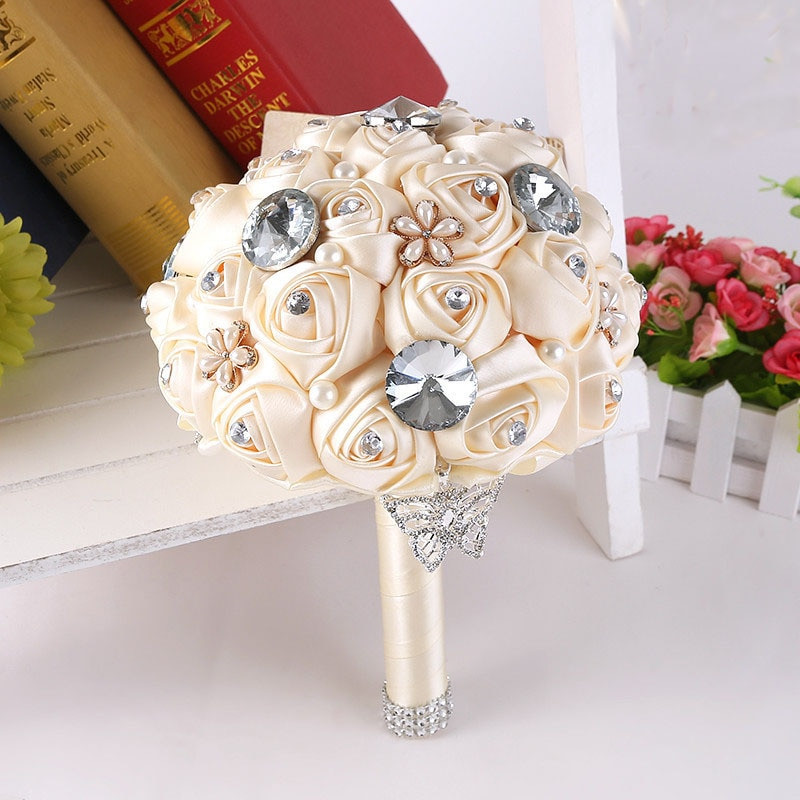 DIY Silk Wedding Bouquet
 Handmade DIY flowers Pearls Silk Rose Bridal Flowers