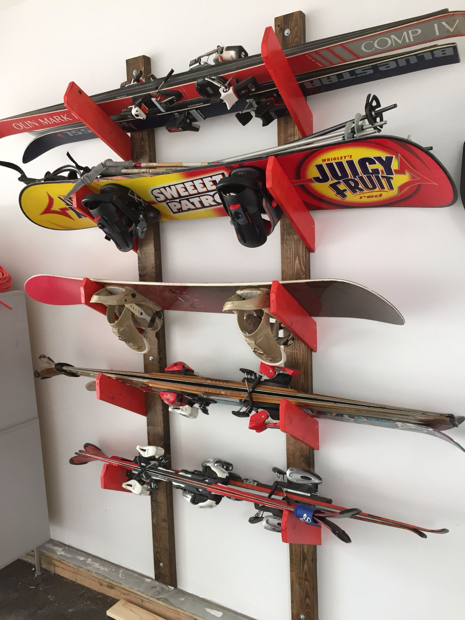 DIY Ski Racks
 My ski and snowboard rack simple 2x4s and 1x2s