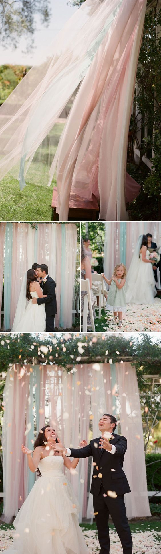 DIY Wedding Backdrop Fabric
 aqua pink wedding ceremony tulle fabric backdrop idea