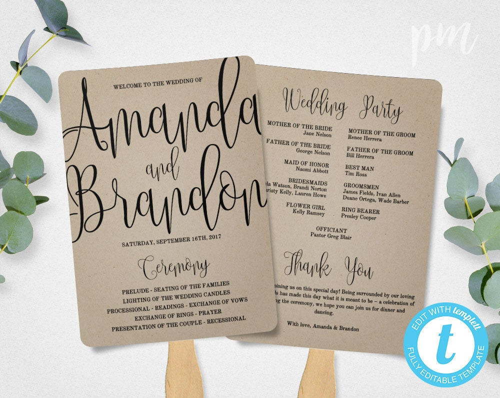 DIY Wedding Fans Programs
 Wedding Program Fan Template Calligraphy Script Printable