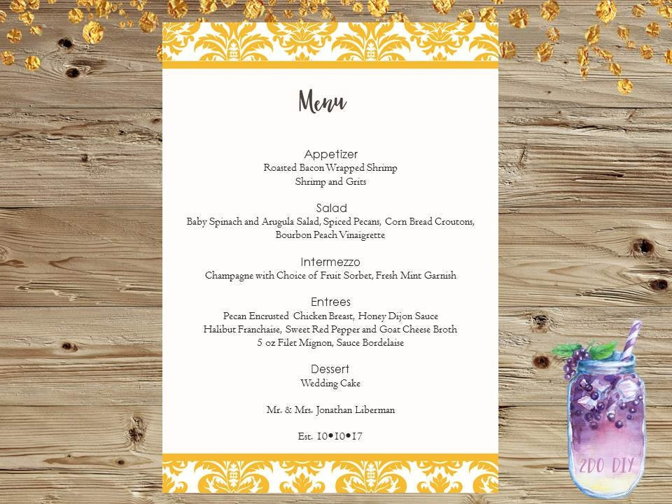 DIY Wedding Menu Template
 DIY Wedding Menu Template Bridal Menu Yellow Damask 5x7