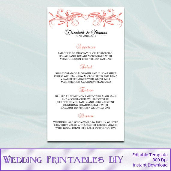 DIY Wedding Menu Template
 Items similar to Wedding Menu Template Diy Coral Heart