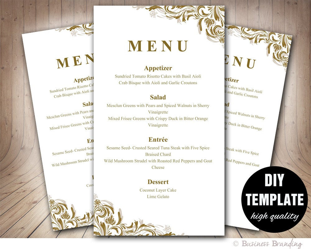 DIY Wedding Menu Template
 Antique GOLD Menu Template DIY Wedding Menu by