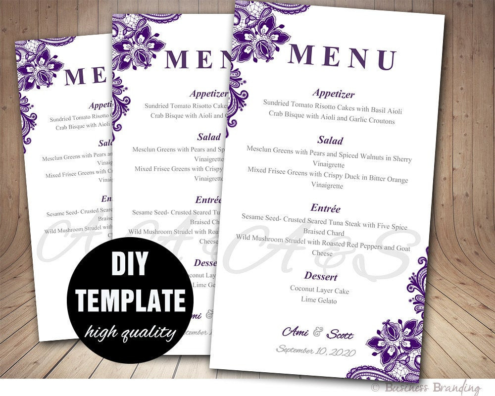 DIY Wedding Menu Template
 Purple Wedding Menu Card Template DIY Wedding Menu Template