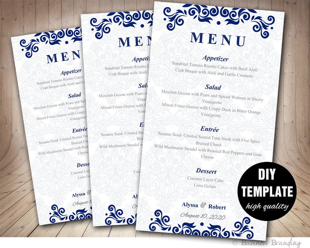 DIY Wedding Menu Template
 Menu Card Template DIY Printable Wedding Menu CardBlue