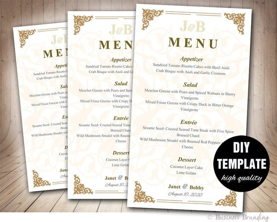 DIY Wedding Menu Template
 Gold Wedding Menu Card Template DIY Wedding Menu Template