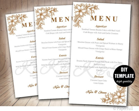 DIY Wedding Menu Template
 Items similar to Floral Wedding Menu Template 4x7 DIY