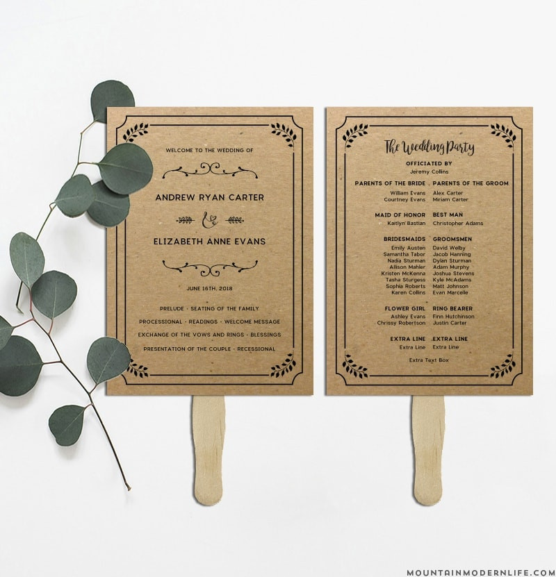 DIY Wedding Program Fans Template
 Printable Rustic DIY Wedding Program Fan