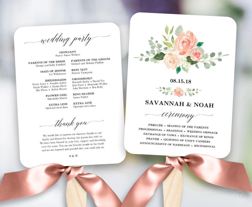 DIY Wedding Programs Fans
 Peach Blush Floral Wedding Program Fan Template Printable