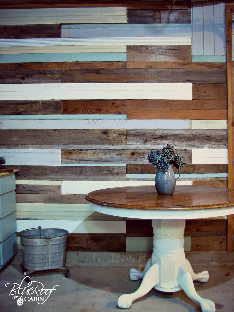 DIY Wood Plank Wall
 blue roof cabin DIY Plank Wall
