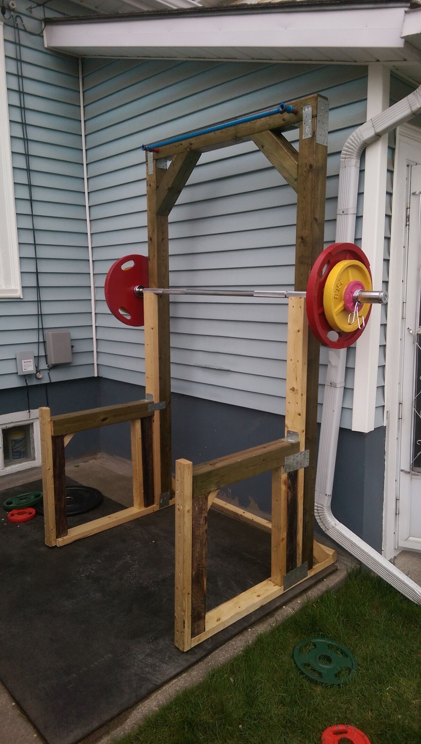DIY Wood Squat Rack
 Decided I wanted to work out in my backyard so I built a
