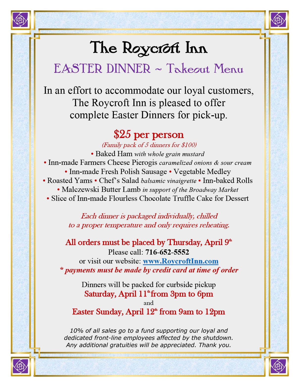 Easter Dinner Take Out
 Food Archives The Roycroft Inn