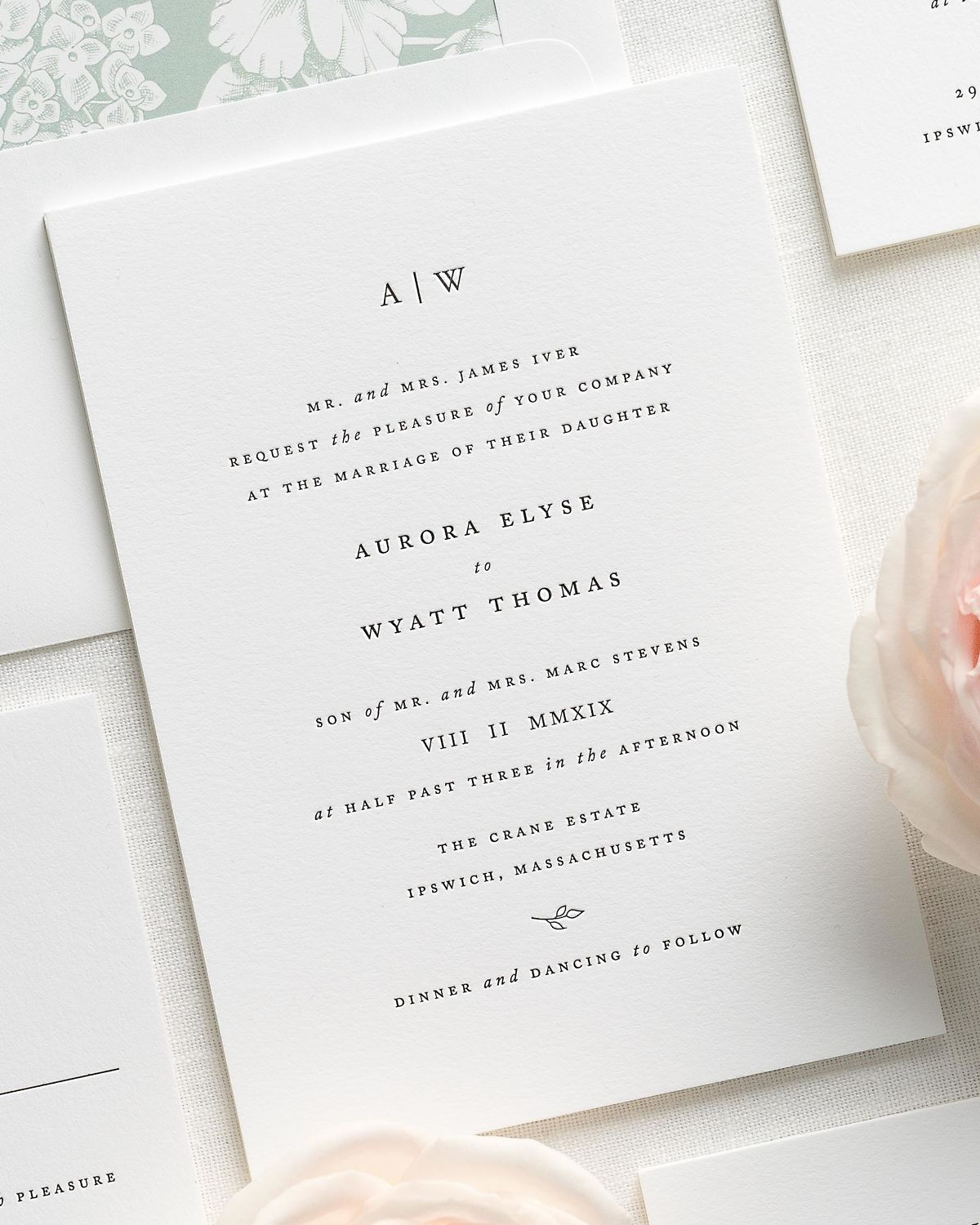 Easy Wedding Invitations
 Simple Serif Wedding Invitations with a Green Floral Liner