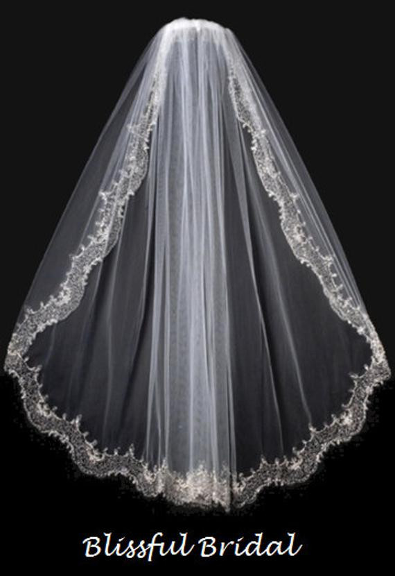 Embroidered Wedding Veils
 Embroidered Beaded Edge Wedding Veil Vintage Wedding Veil