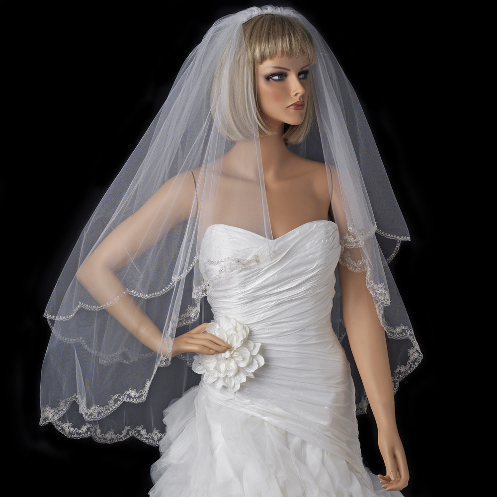 Embroidered Wedding Veils
 Embroidered Edge 2 Tier Wedding Veil Elegant Bridal Hair