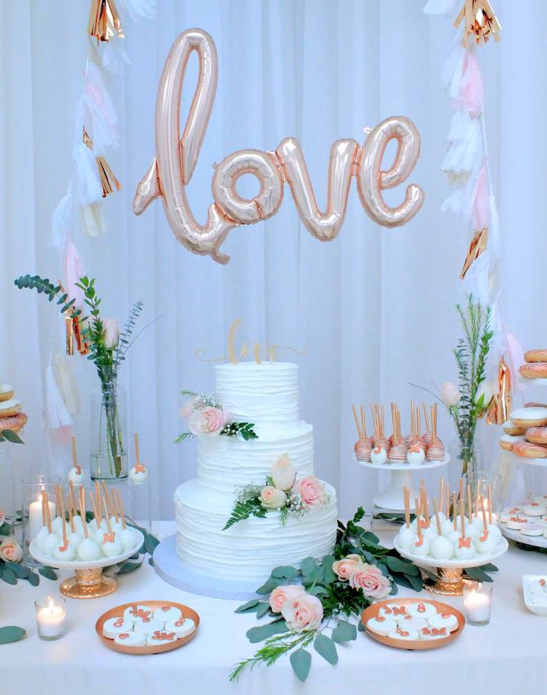 Engagement Party Table Ideas
 Rose Gold and Blush "Love" Engagement Party Engagement