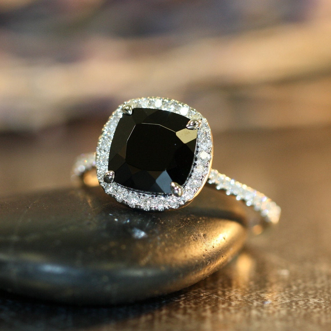 Engagement Rings Black Diamonds
 Black Spinel Halo Diamond Engagement Ring in 14k by