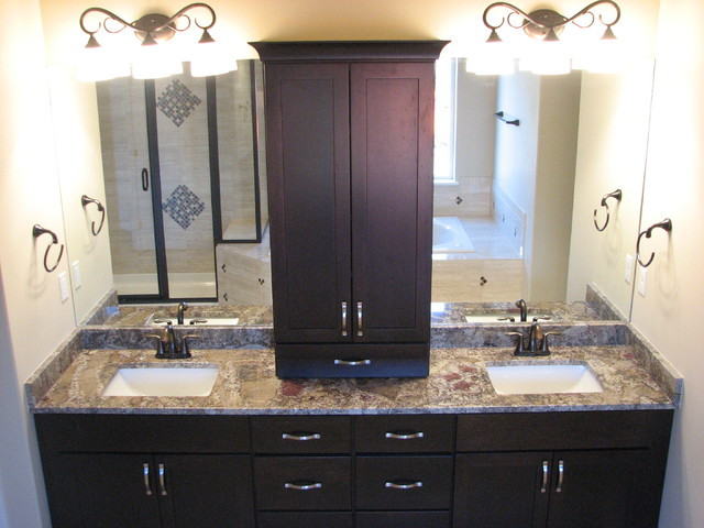 Espresso Bathroom Cabinet
 Chocolate Bordeaux granite on cherry espresso cabinets