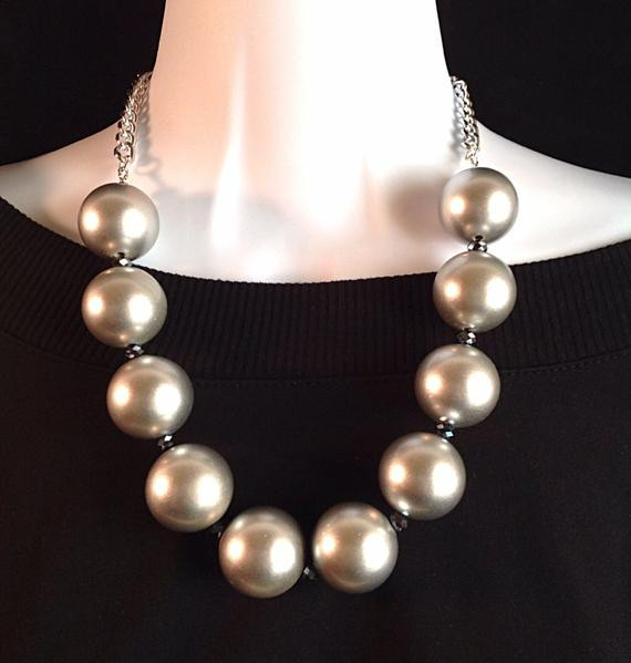 Fake Pearl Necklaces
 ON SALE Grey faux pearl necklace Chunky faux pearl by