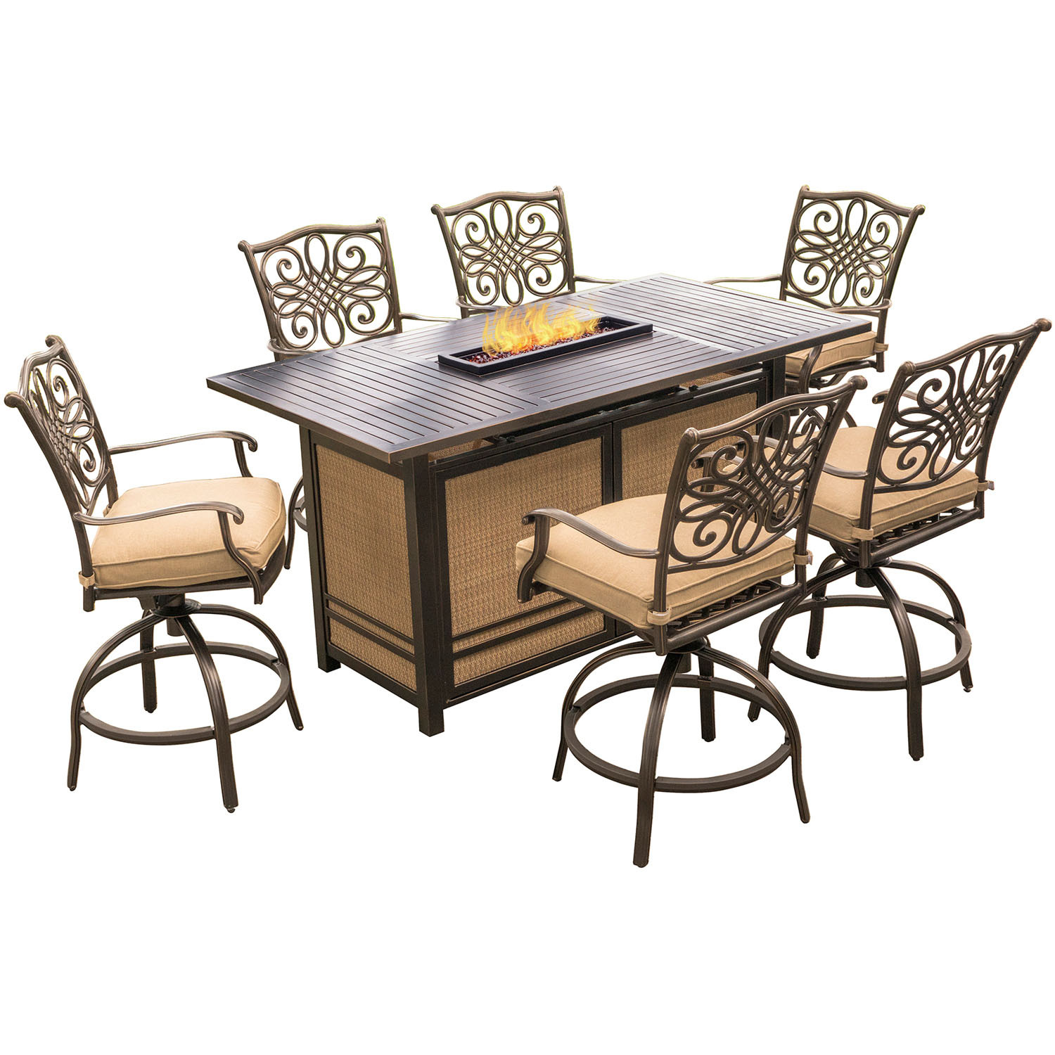 Fire Pit Dining Table
 Hanover Traditions 7 Piece High Dining Set in Tan with