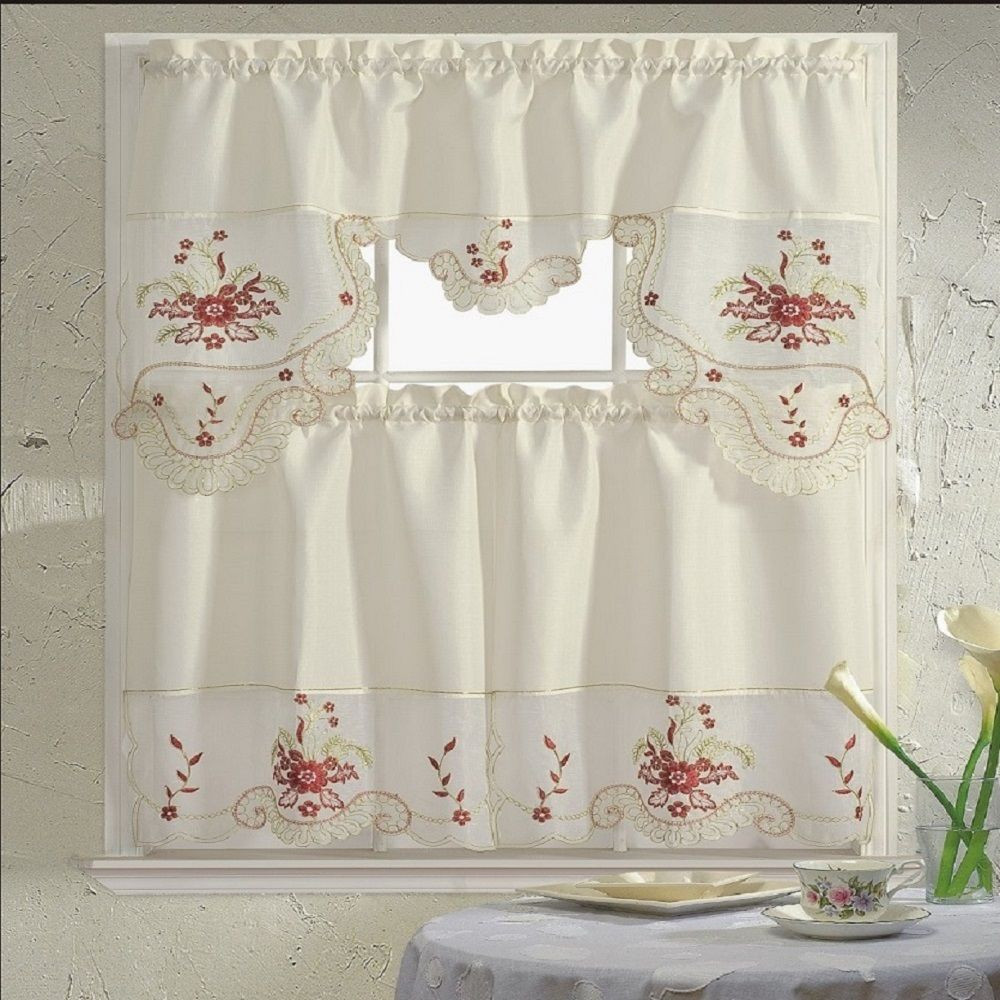 Floral Kitchen Curtains
 BH Home Floral Embroidered 3 Piece Kitchen Window Curtain