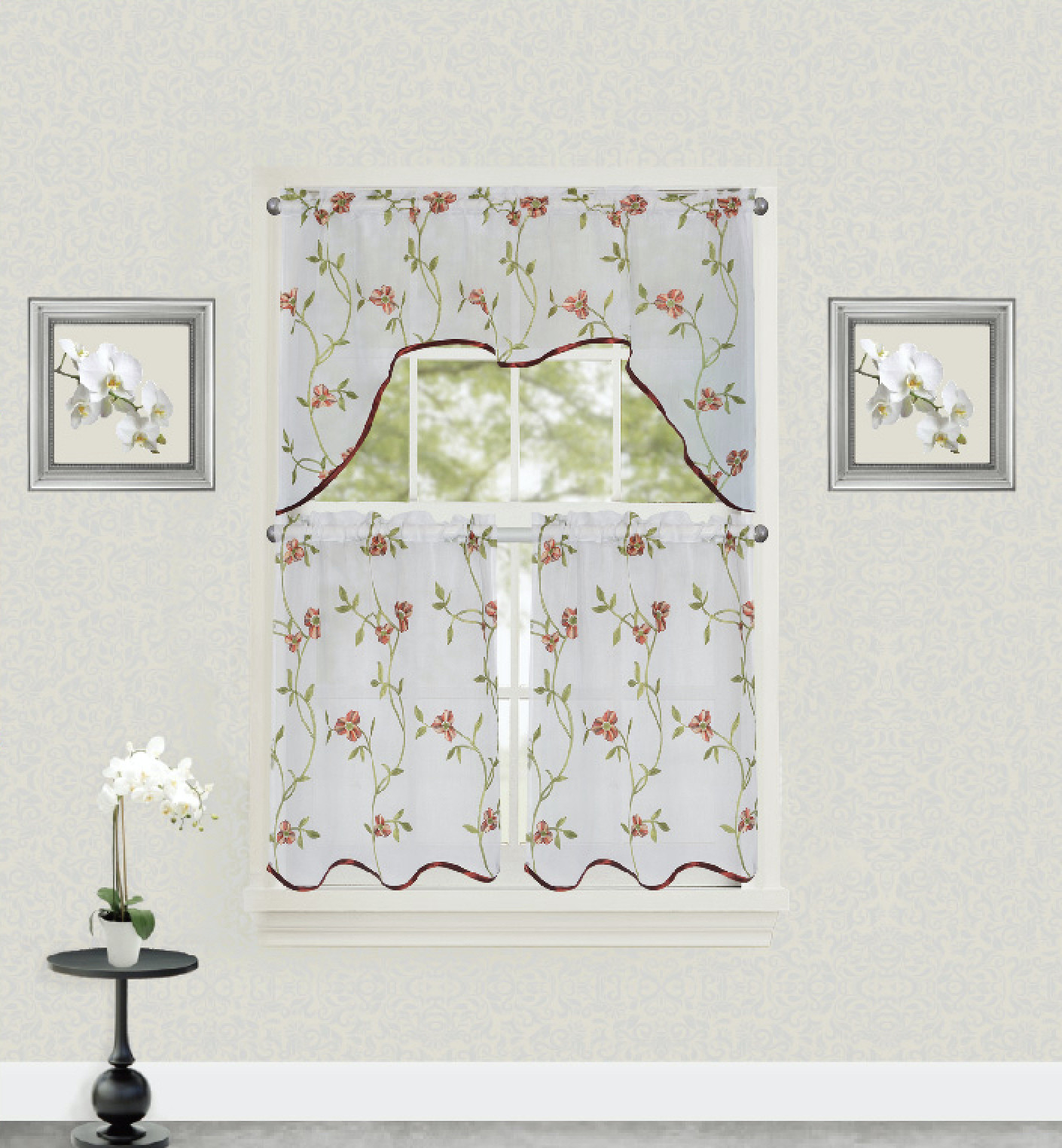 Floral Kitchen Curtains
 Luxurious Semi Sheer Embroidered Floral Kitchen Curtain