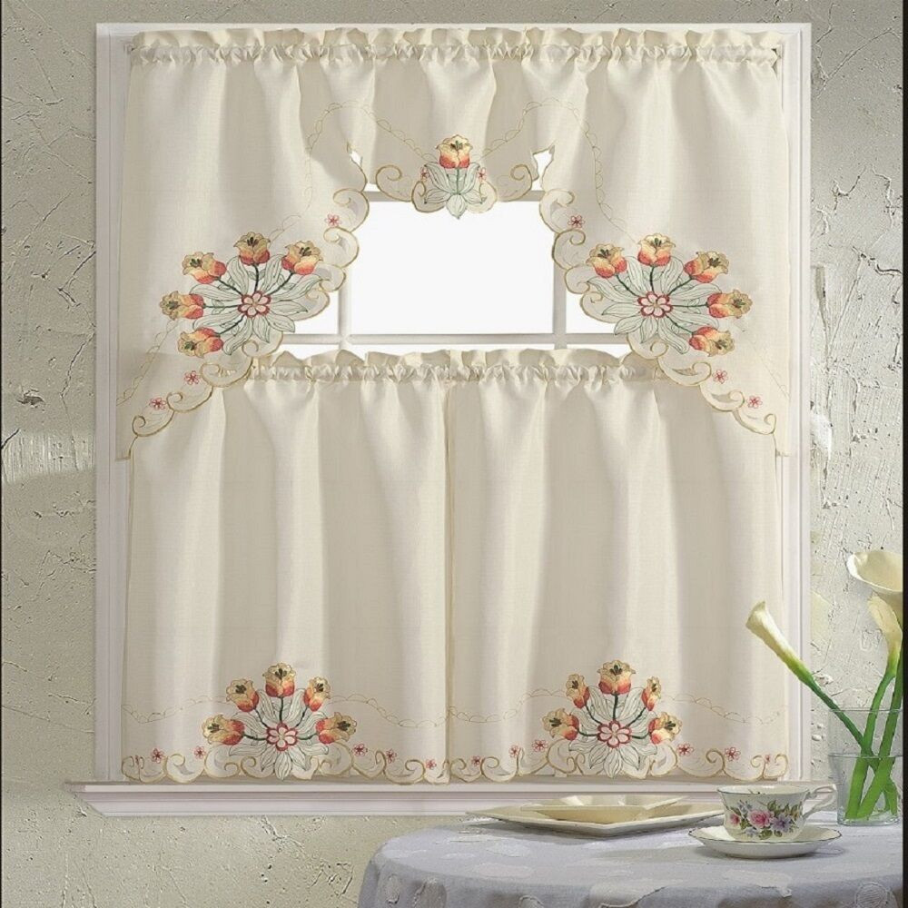 Floral Kitchen Curtains
 BH Home Floral Embroidered 3 Piece Kitchen Window Curtain